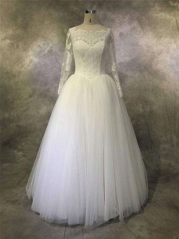 Illusion Tulle Floor-length Wedding Dress With Appliques Lace for Ball Gown