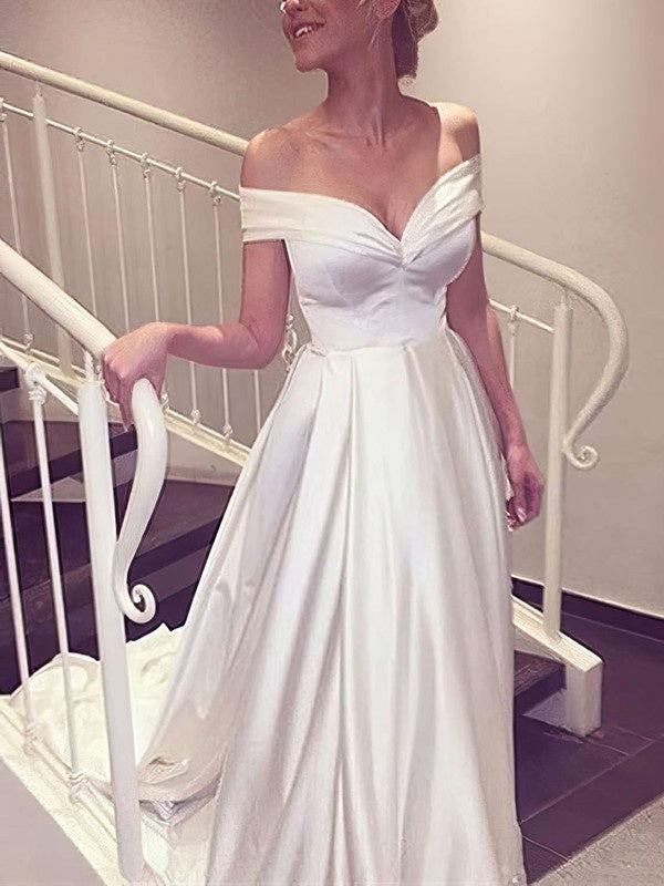 Off-the-shoulder Satin Sweep Train Wedding Dress With Ruffles for Ball Gowns