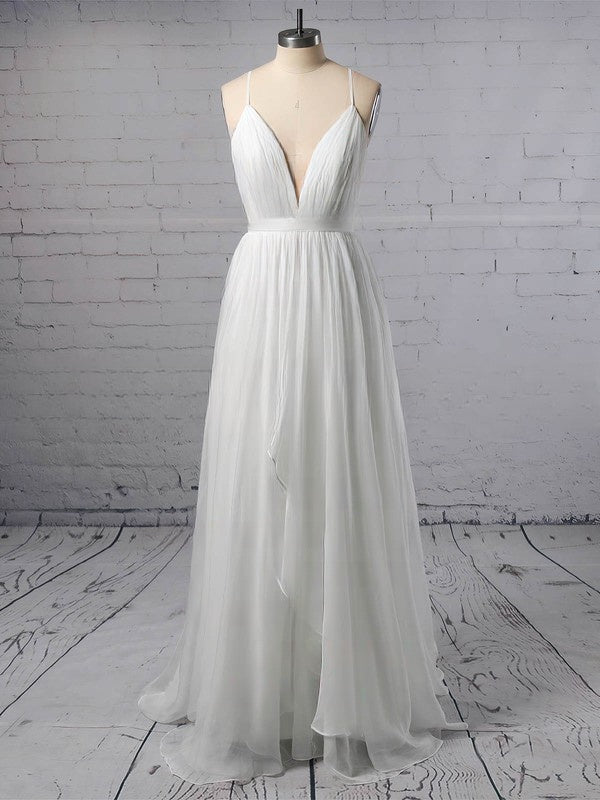 A-line V-neck Tulle Wedding Dresses With Sashes / Ribbons and Sweep Train