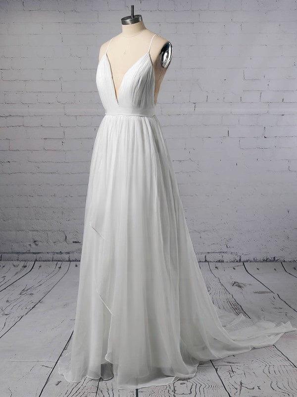 A-line V-neck Tulle Wedding Dresses With Sashes / Ribbons and Sweep Train