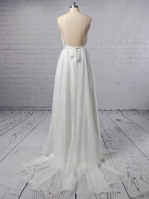 A-line V-neck Tulle Wedding Dresses With Sashes / Ribbons and Sweep Train