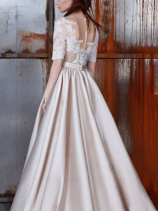 Elegant Court Train Ball Gown Illusion Satin Wedding Dress With Sashes/Ribbons
