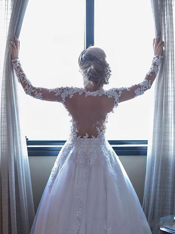 Beautiful Ball Gown V-neck Wedding Dress with Tulle Sweep Train and Appliques Lace