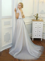 Lace Sweep Train Wedding Dress with Ball Gown Illusion Tulle and Sashes / Ribbons
