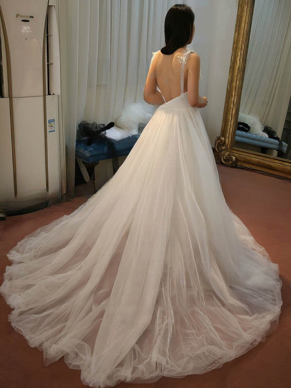 V-neck Tulle Sweep Train Wedding Dress with Appliques Lace for Ball Gown Look