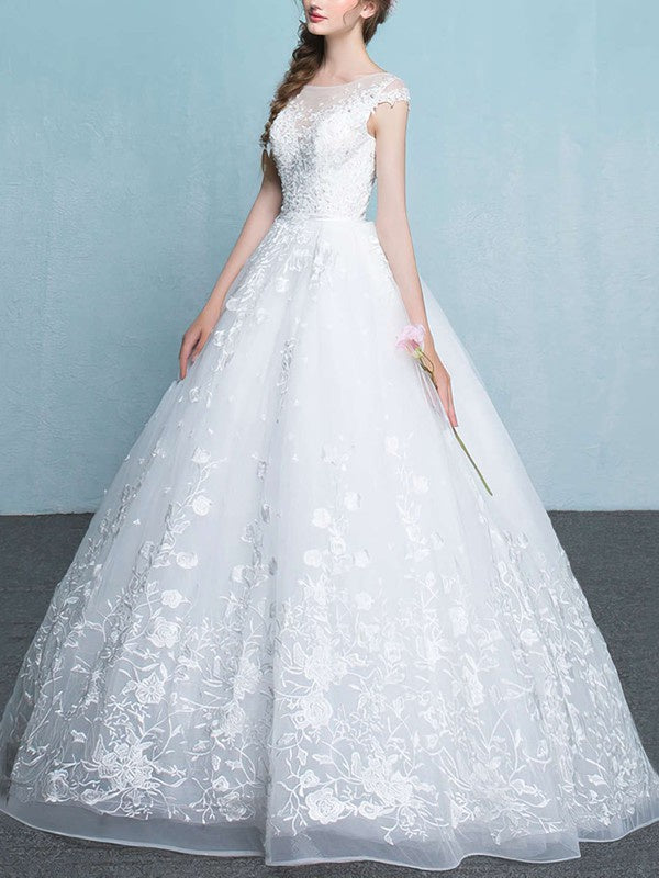 Illusion Organza Floor-length Wedding Dress with Appliques Lace