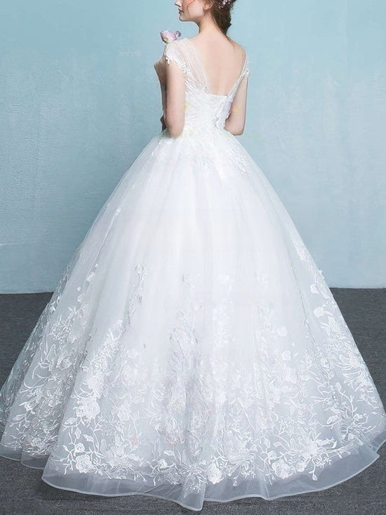 Illusion Organza Floor-length Wedding Dress with Appliques Lace