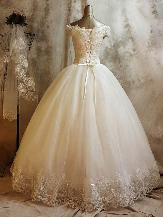 Beaded Off-the-shoulder Tulle Ball Gown Wedding Dress