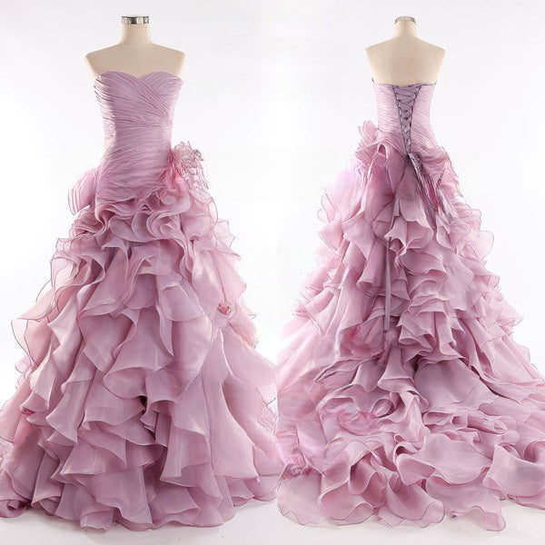 Sweetheart Organza Ball Gown Wedding Dress with Cascading Ruffles and Court Train