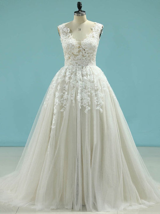 Elegant V-neck Appliques Lace Ball Gown Wedding Dress