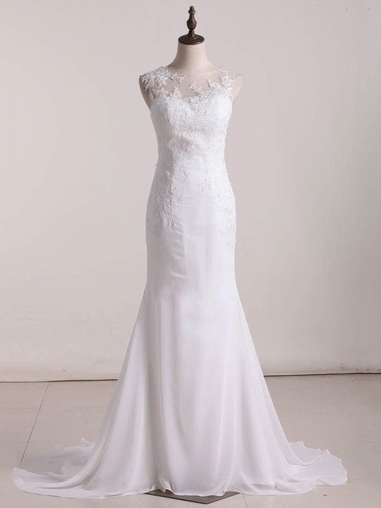 Mermaid Illusion Chiffon Wedding Dress with Appliques Lace