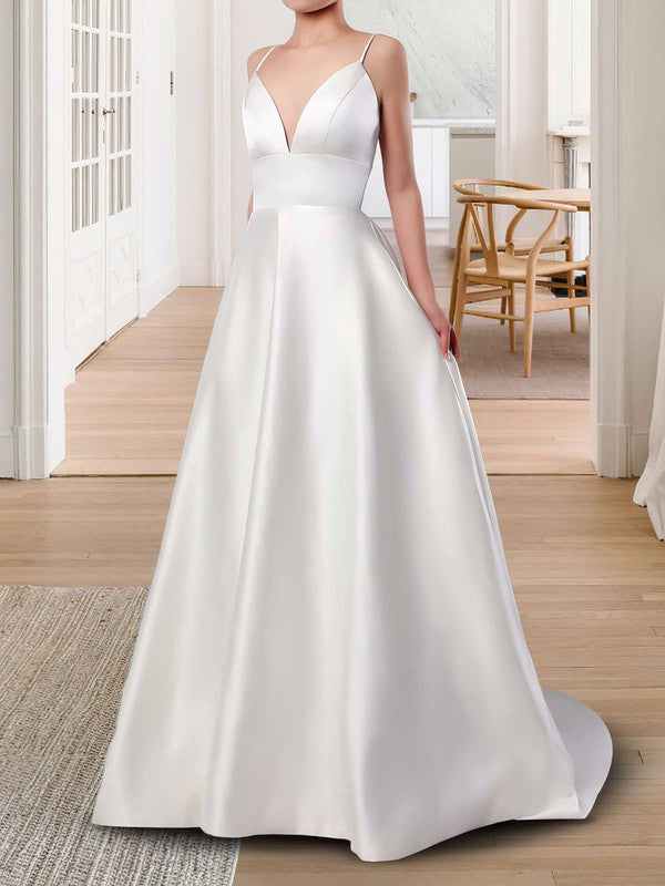 Elegant V-neck Satin Sweep Train Wedding Dress with Pockets