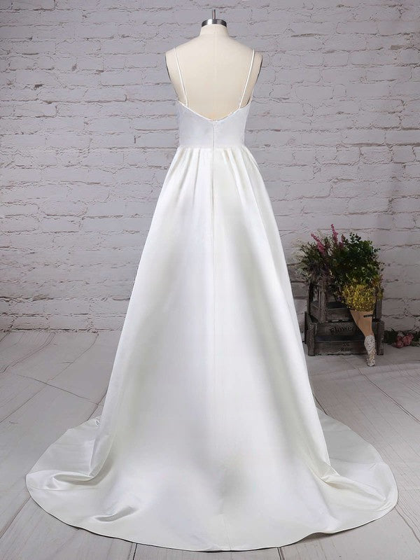 Elegant V-neck Satin Sweep Train Wedding Dress with Pockets
