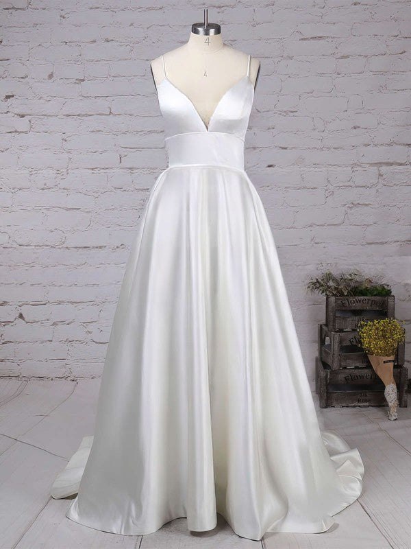 Elegant V-neck Satin Sweep Train Wedding Dress with Pockets