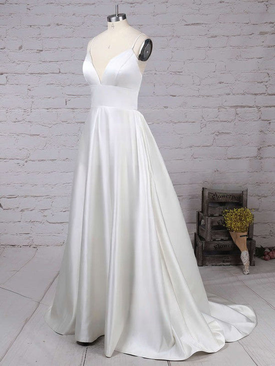 Elegant V-neck Satin Sweep Train Wedding Dress with Pockets