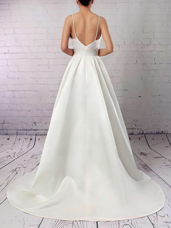 Elegant V-neck Satin Sweep Train Wedding Dress with Pockets