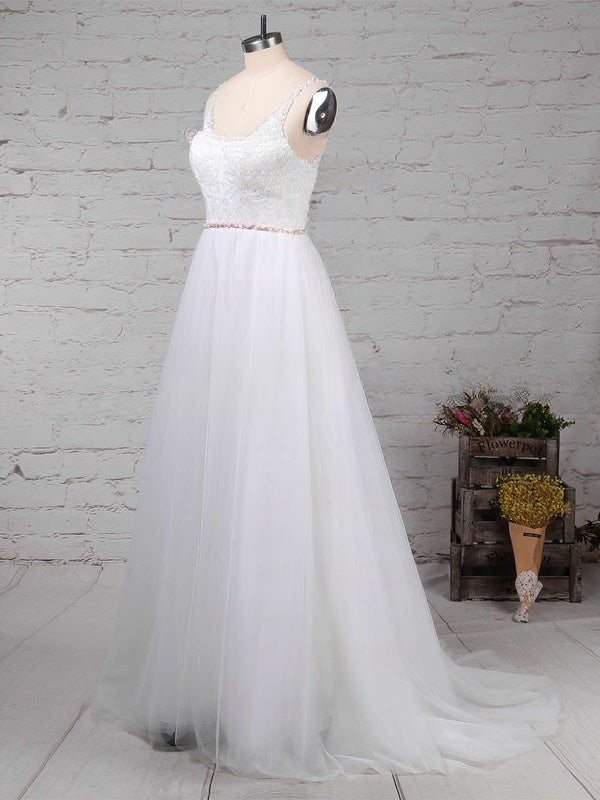 A-line V-neck Tulle Wedding Dress With Beading and Sweep Train
