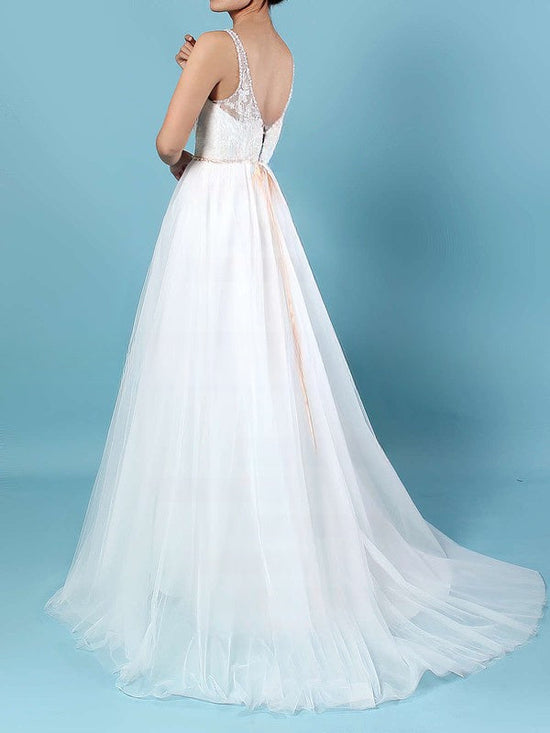 A-line V-neck Tulle Wedding Dress With Beading and Sweep Train