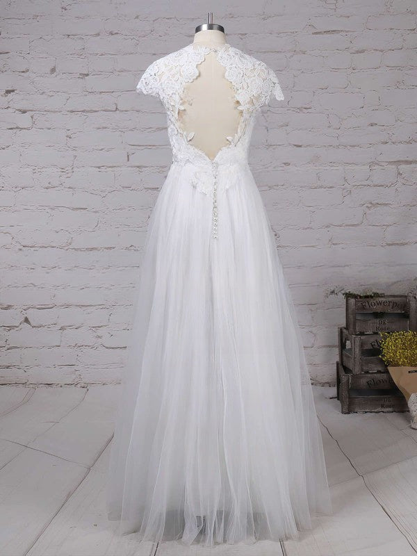 A-Line Illusion Tulle Floor-Length Wedding Dress with Beading