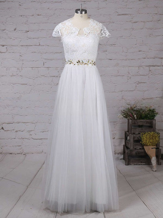 A-Line Illusion Tulle Floor-Length Wedding Dress with Beading