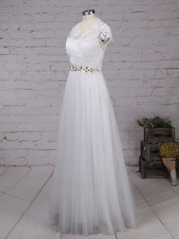 A-Line Illusion Tulle Floor-Length Wedding Dress with Beading