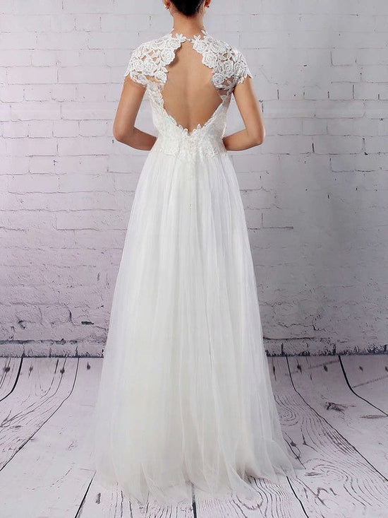 A-Line Illusion Tulle Floor-Length Wedding Dress with Beading