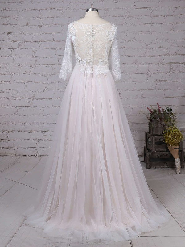 Illusion Tulle Ball Gown Wedding Dresses With Appliques Lace and Sweep Train