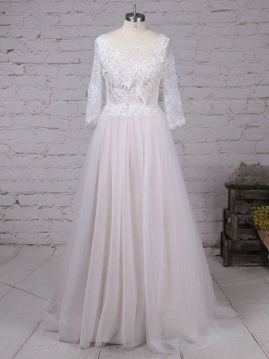 Illusion Tulle Ball Gown Wedding Dresses With Appliques Lace and Sweep Train