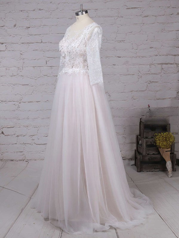 Illusion Tulle Ball Gown Wedding Dresses With Appliques Lace and Sweep Train