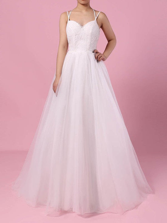 V-neck Tulle Sweep Train Wedding Dress with Lace - Ball Gown