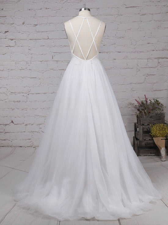 V-neck Tulle Sweep Train Wedding Dress with Lace - Ball Gown