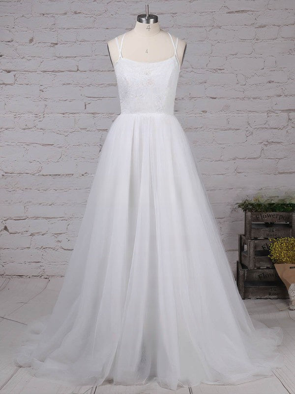 V-neck Tulle Sweep Train Wedding Dress with Lace - Ball Gown