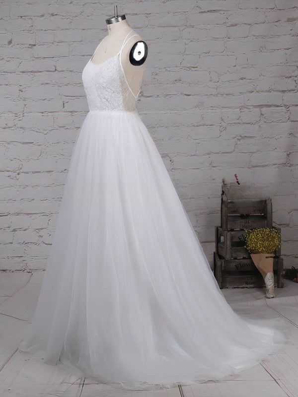 V-neck Tulle Sweep Train Wedding Dress with Lace - Ball Gown