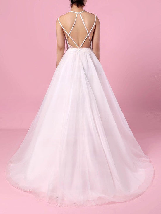 V-neck Tulle Sweep Train Wedding Dress with Lace - Ball Gown