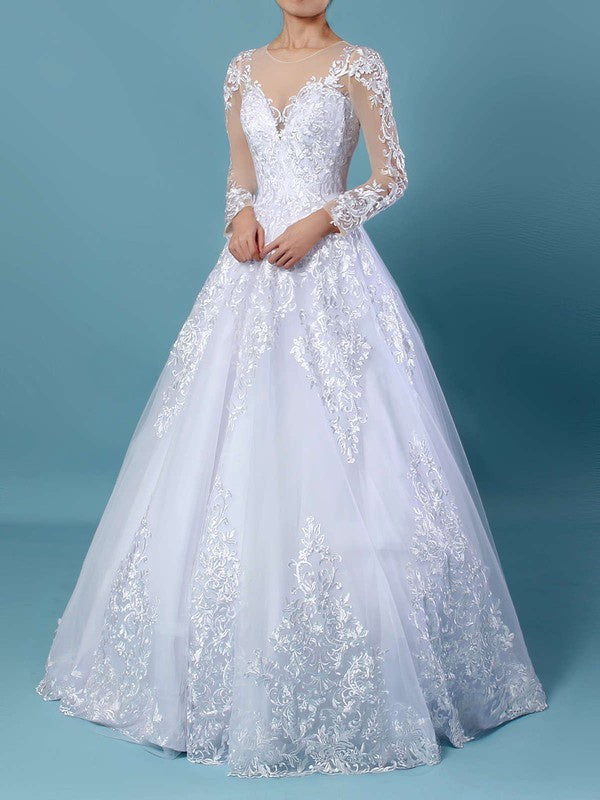 Gorgeous Ball Gown Illusion Tulle Sweep Train Wedding Dress With Appliques Lace