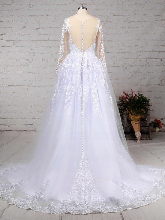 Gorgeous Ball Gown Illusion Tulle Sweep Train Wedding Dress With Appliques Lace