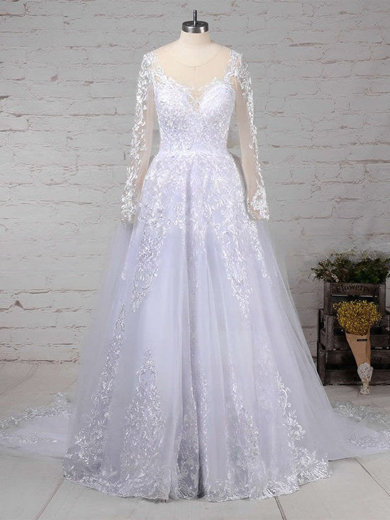 Gorgeous Ball Gown Illusion Tulle Sweep Train Wedding Dress With Appliques Lace