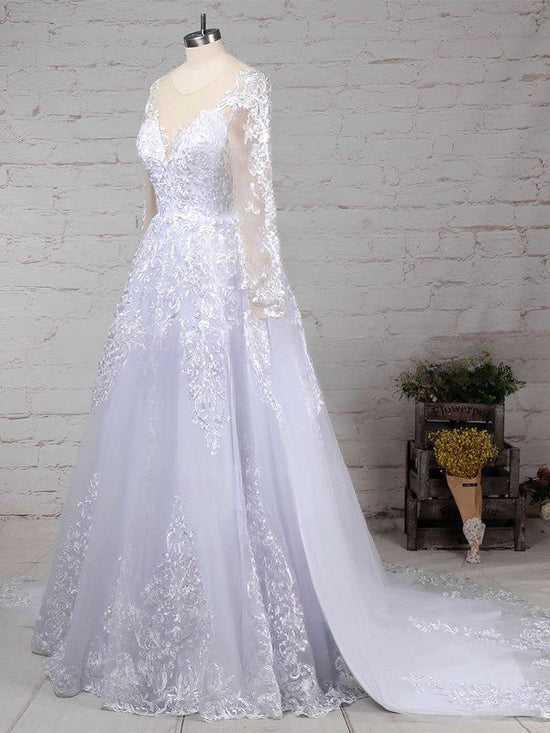 Gorgeous Ball Gown Illusion Tulle Sweep Train Wedding Dress With Appliques Lace