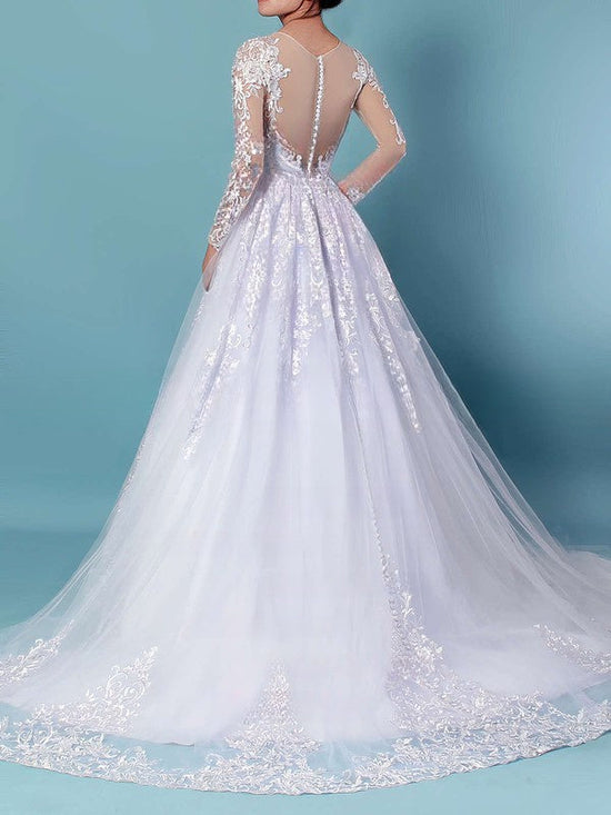 Gorgeous Ball Gown Illusion Tulle Sweep Train Wedding Dress With Appliques Lace