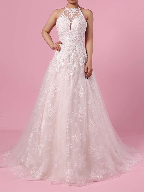 Elegant Ball Gown Illusion Tulle Sweep Train Wedding Dress With Appliques Lace