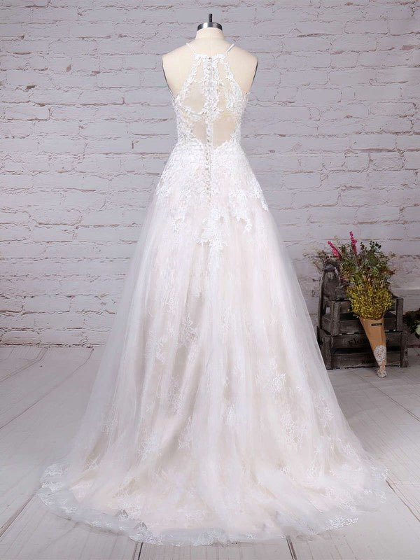 Elegant Ball Gown Illusion Tulle Sweep Train Wedding Dress With Appliques Lace