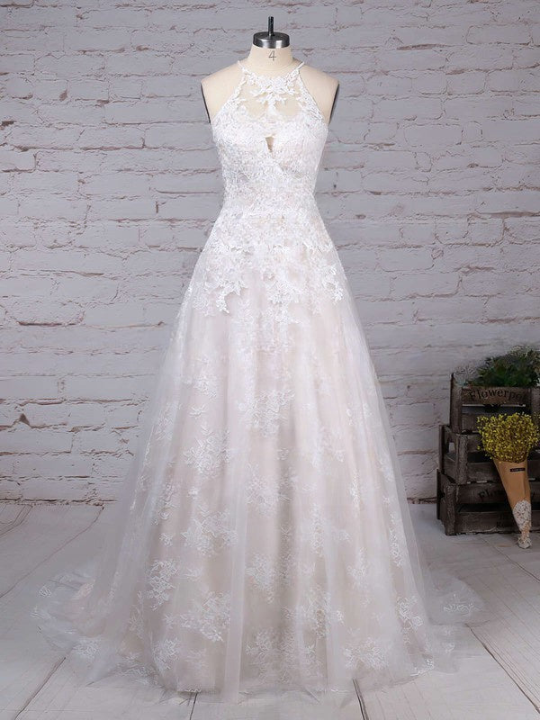 Elegant Ball Gown Illusion Tulle Sweep Train Wedding Dress With Appliques Lace