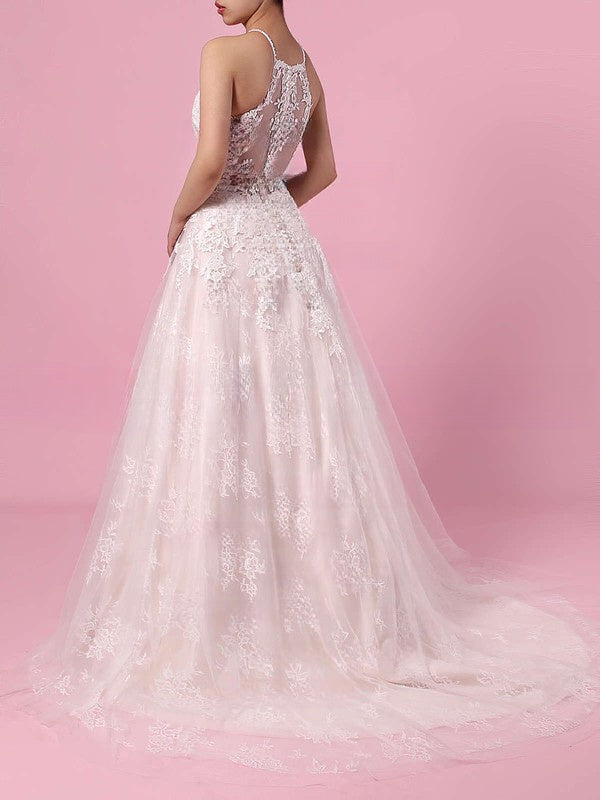 Elegant Ball Gown Illusion Tulle Sweep Train Wedding Dress With Appliques Lace