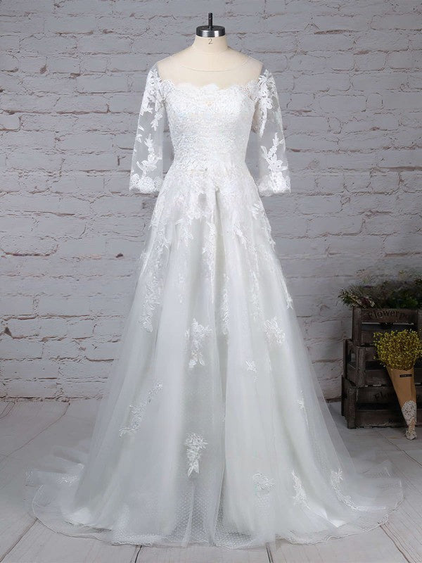 Elegant Ball Gown Illusion Tulle Sweep Train Wedding Dress with Appliques Lace