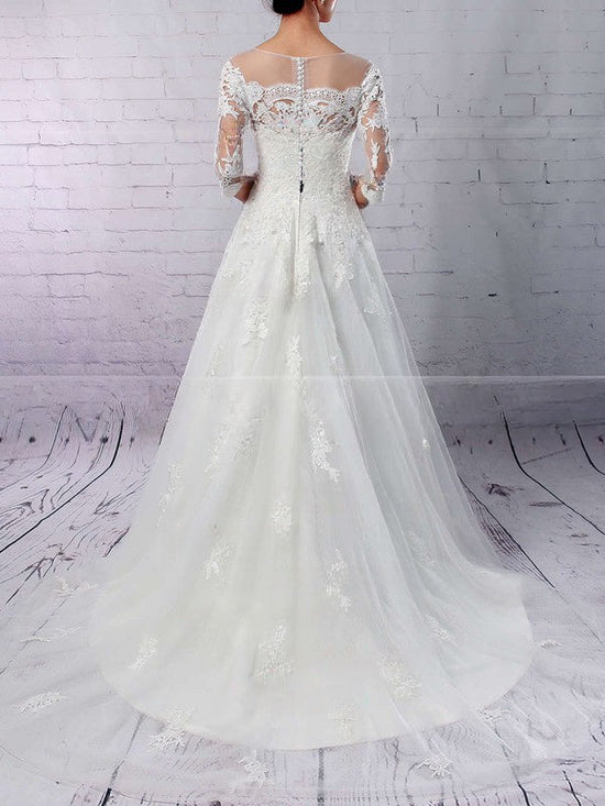 Elegant Ball Gown Illusion Tulle Sweep Train Wedding Dress with Appliques Lace