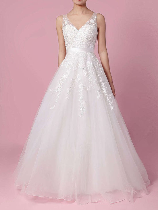 V-neck Tulle Sweep Train Ball Gown Wedding Dress With Beading