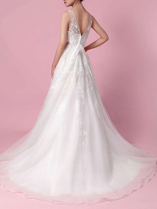 V-neck Tulle Sweep Train Ball Gown Wedding Dress With Beading