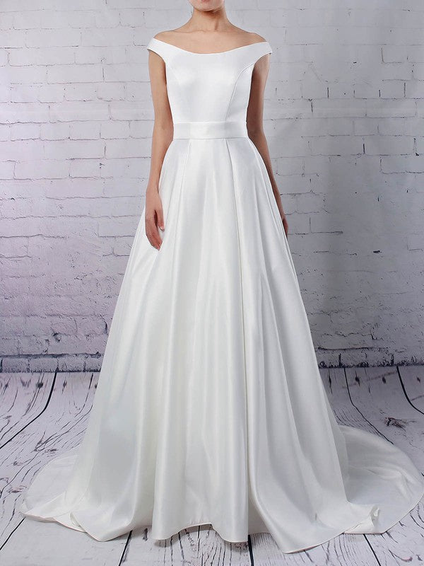 Gorgeous Off-the-Shoulder Satin Ball Gown Wedding Dress with Pockets