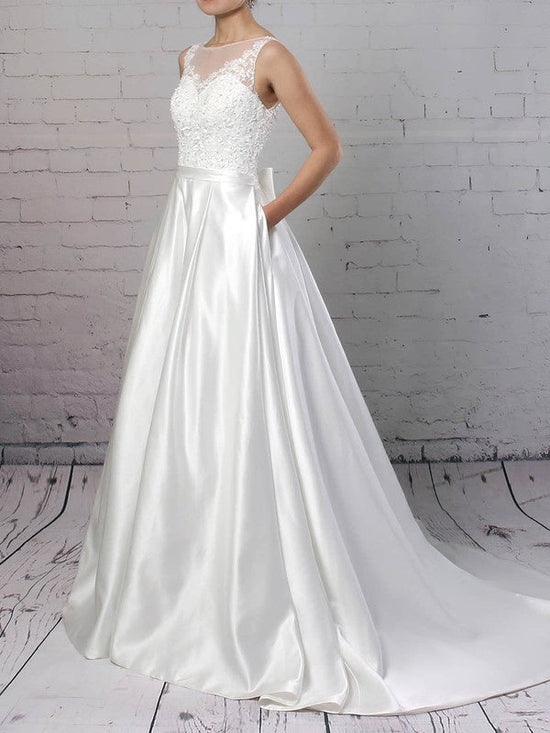 Illusion Satin Sweep Train Wedding Dresses with Pockets - Ball Gown