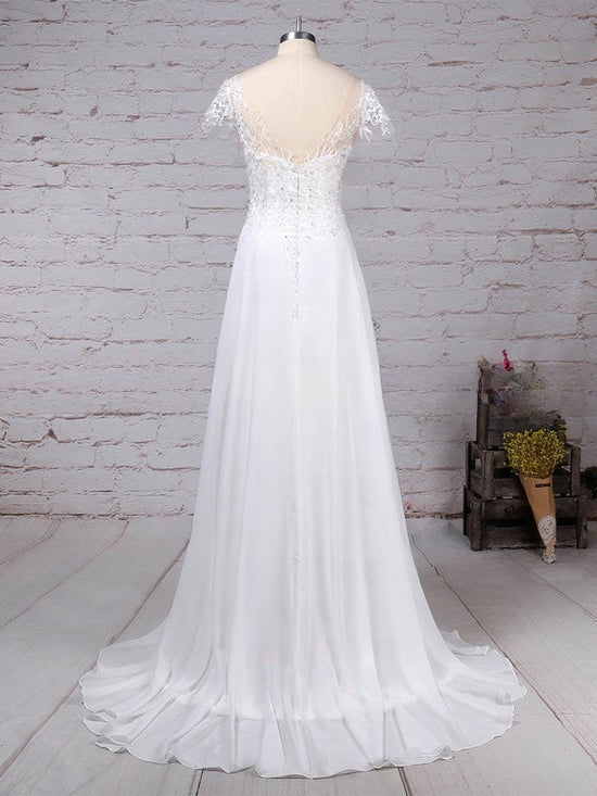 Illusion Satin Sweep Train Wedding Dresses with Pockets - Ball Gown